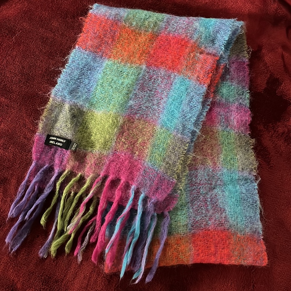 Colorful John Hanly blue, green, purple and pink mohair and wool scarf - 74x11”